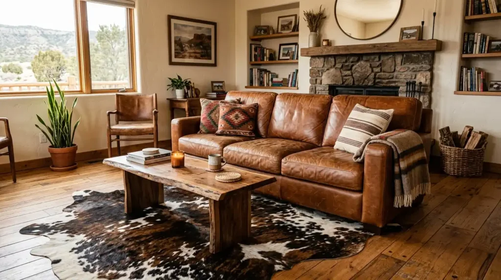 Leather sofa cowhide rug