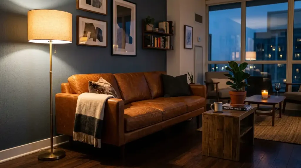 Leather sofa warm lighting interior