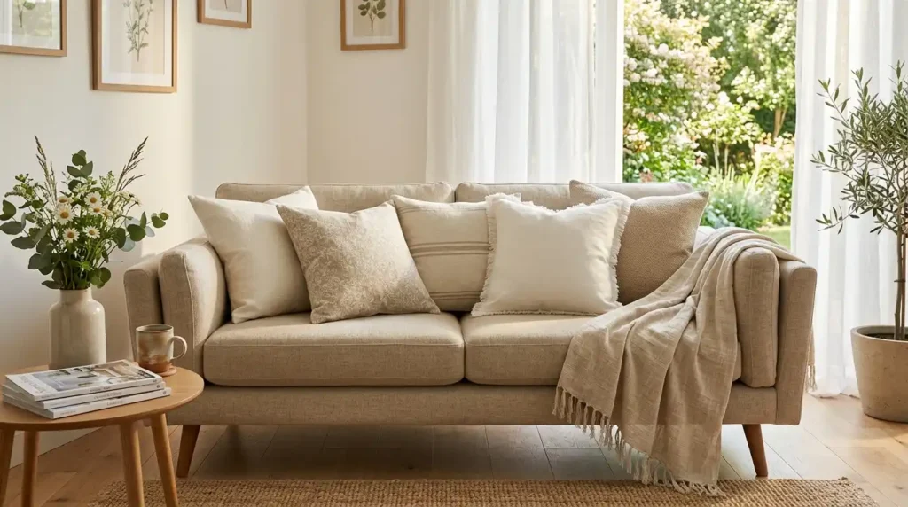 Linen cushions on sofa