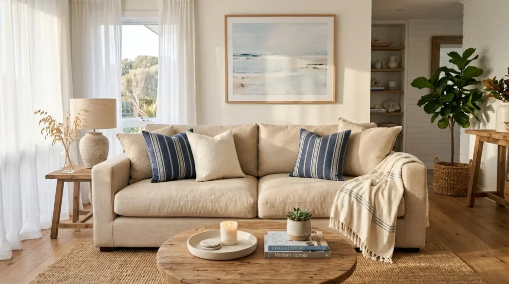 Linen sofa in coastal living