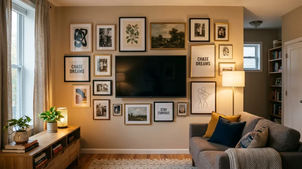 Living room TV gallery wall