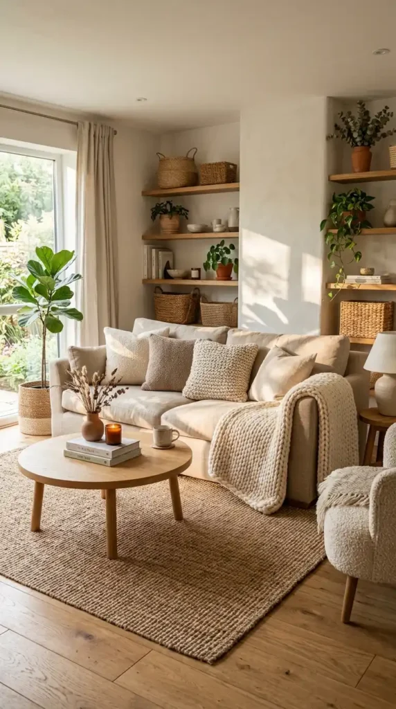 Living room layered textures cozy