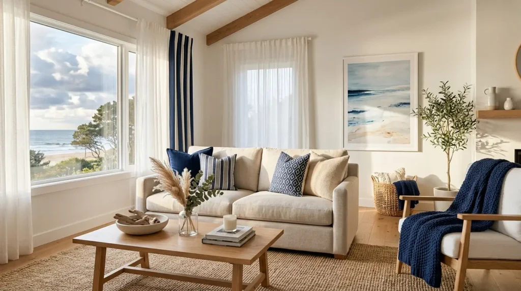 Living room navy accent textiles