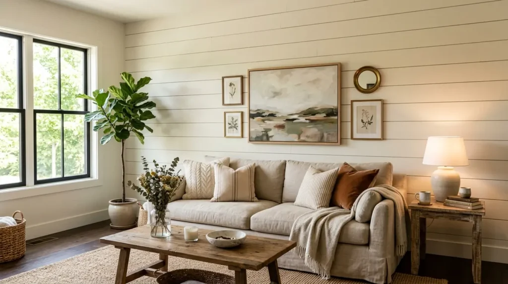 Living room shiplap feature wall