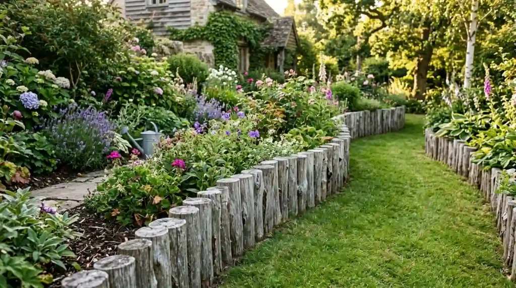 Log wood edging garden border
