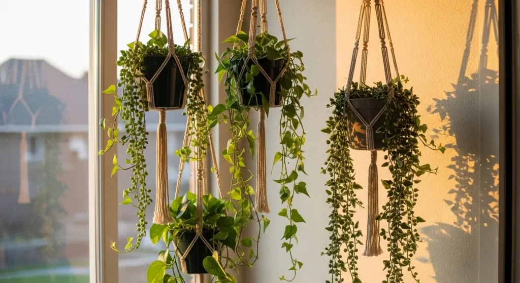 Macrame planters display green