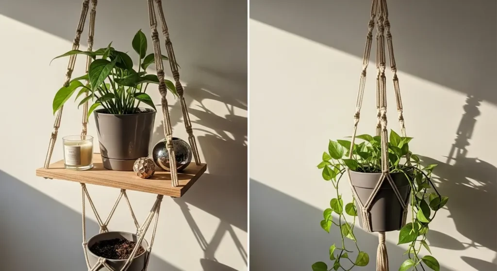 Macrame shelf hanger plant display