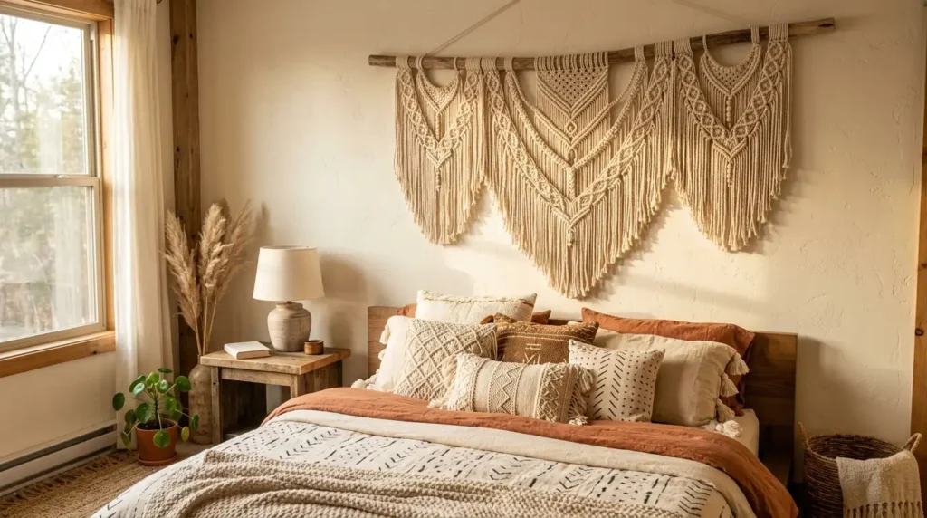 Macrame wall hanging above bed