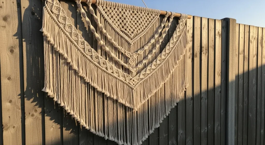 Macrame wall hanging on fence