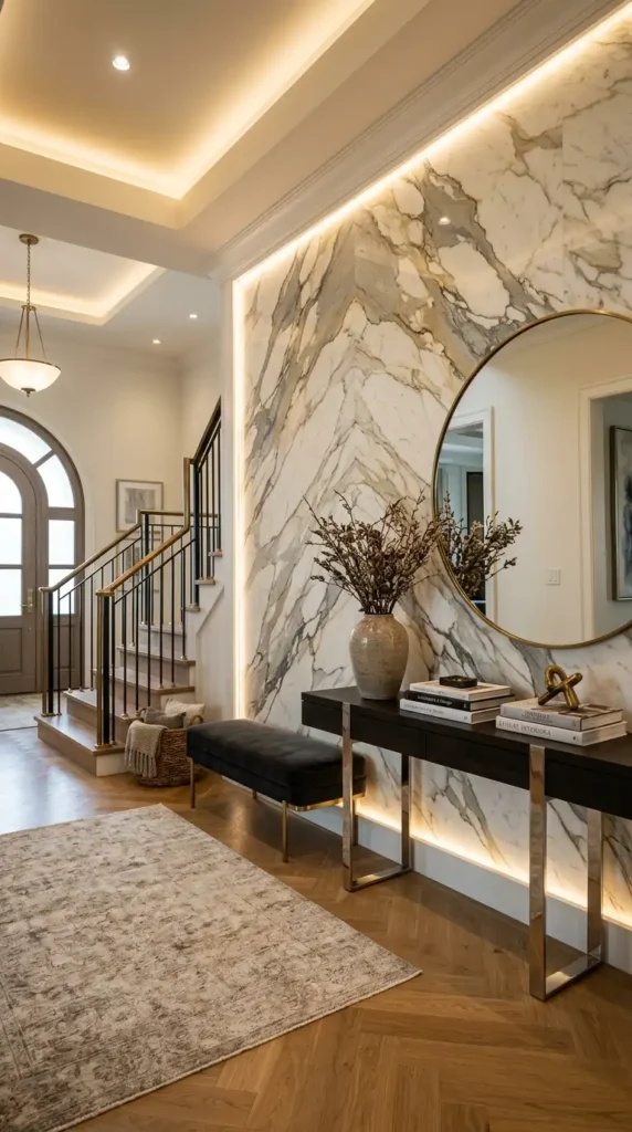 Marble accent wall elegant entryway