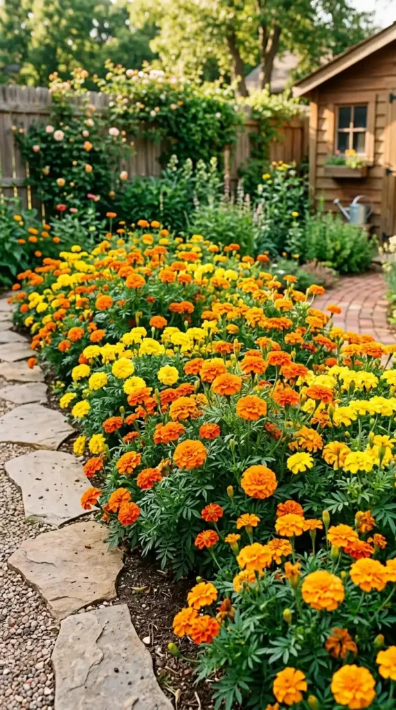 Marigolds in garden bed