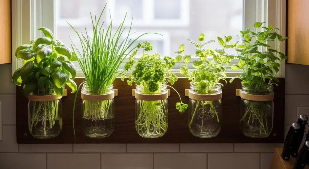 Mason jar herb display kitchen