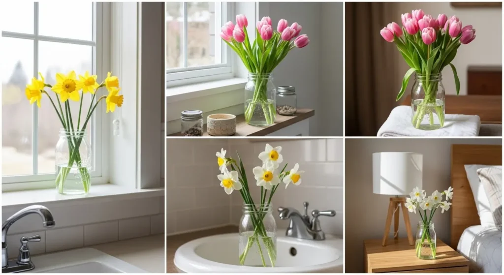 Mason jars with spring flowers