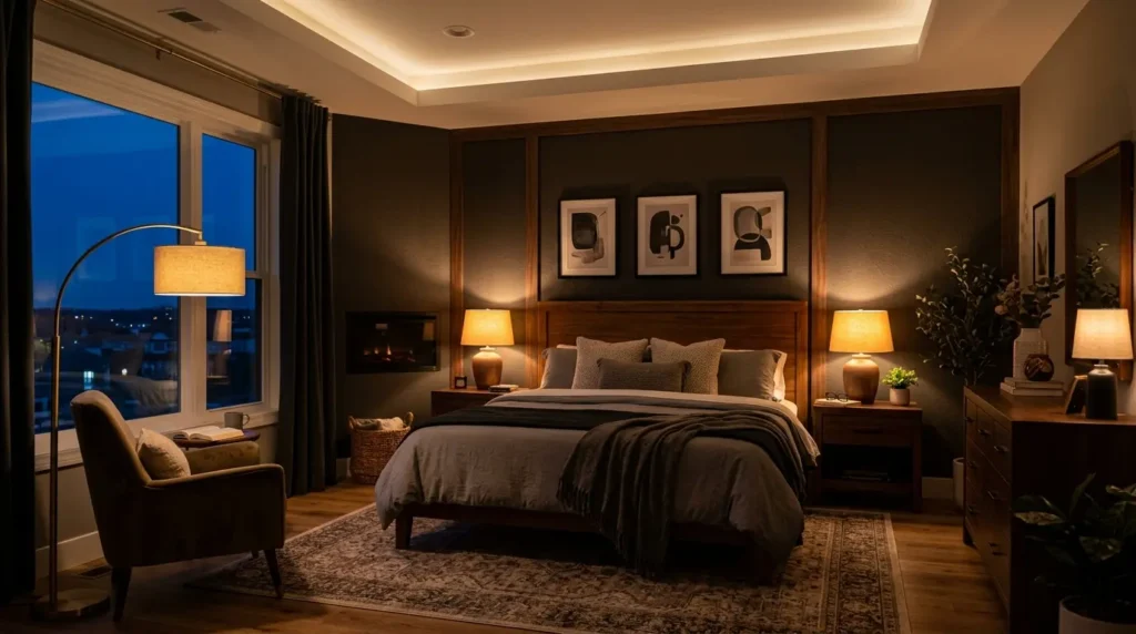 Master bedroom layered lighting