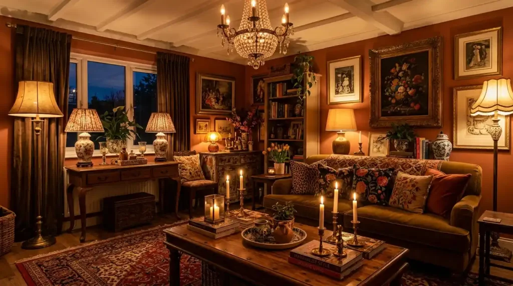 Maximalist room layered lighting