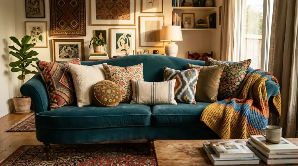 Maximalist sofa layered textiles