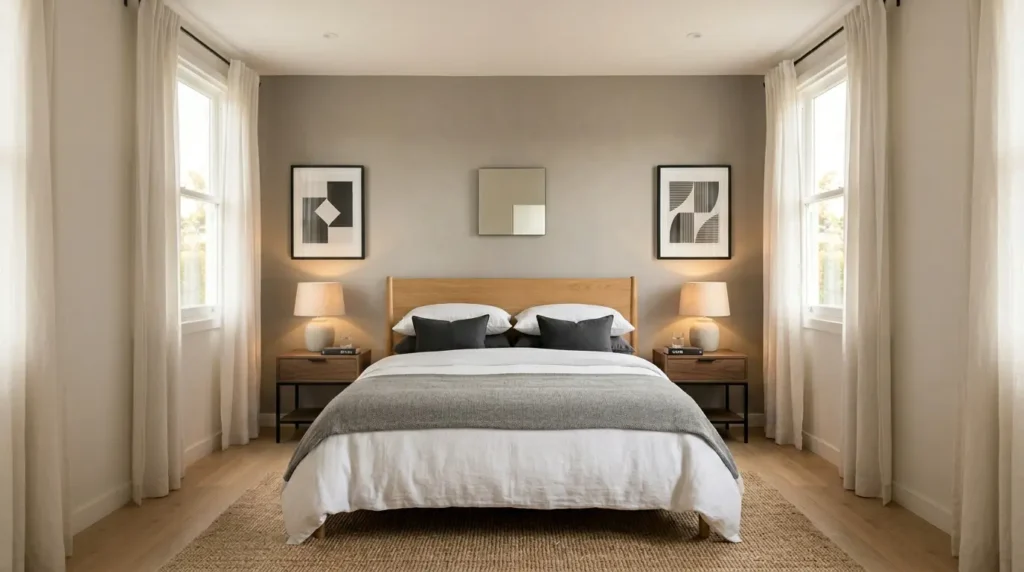 Mens bedroom symmetry calm design