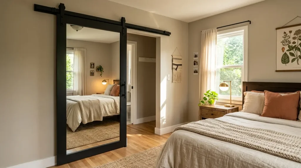 Mirrored barn door bedroom idea