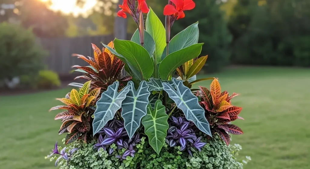 Mixed tropical jungle planter scene