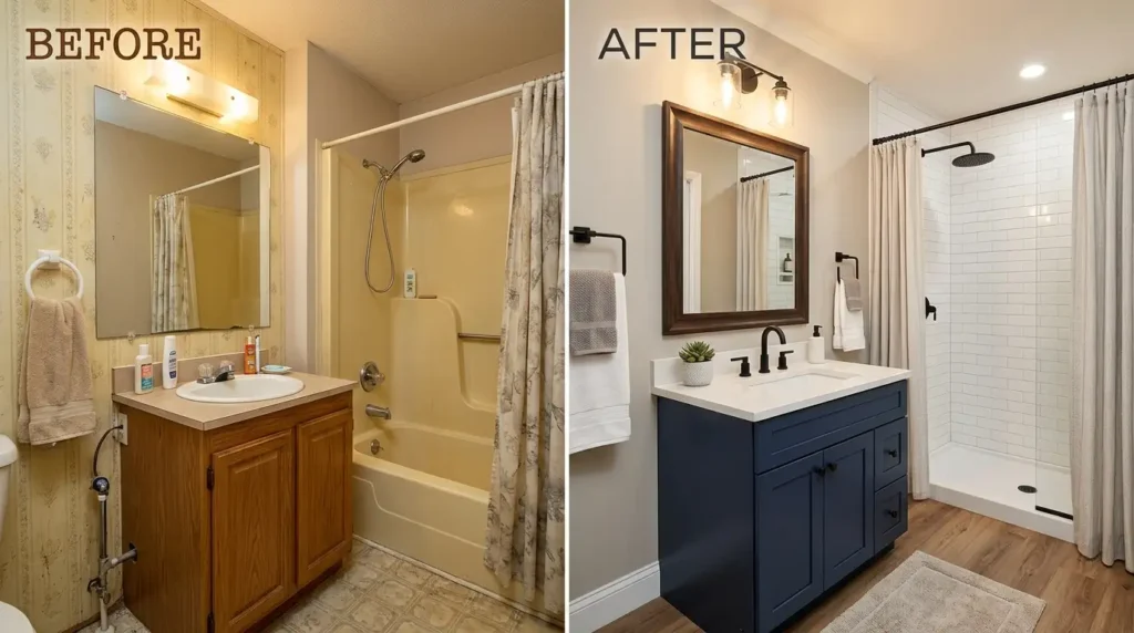 Mobile home bathroom before after