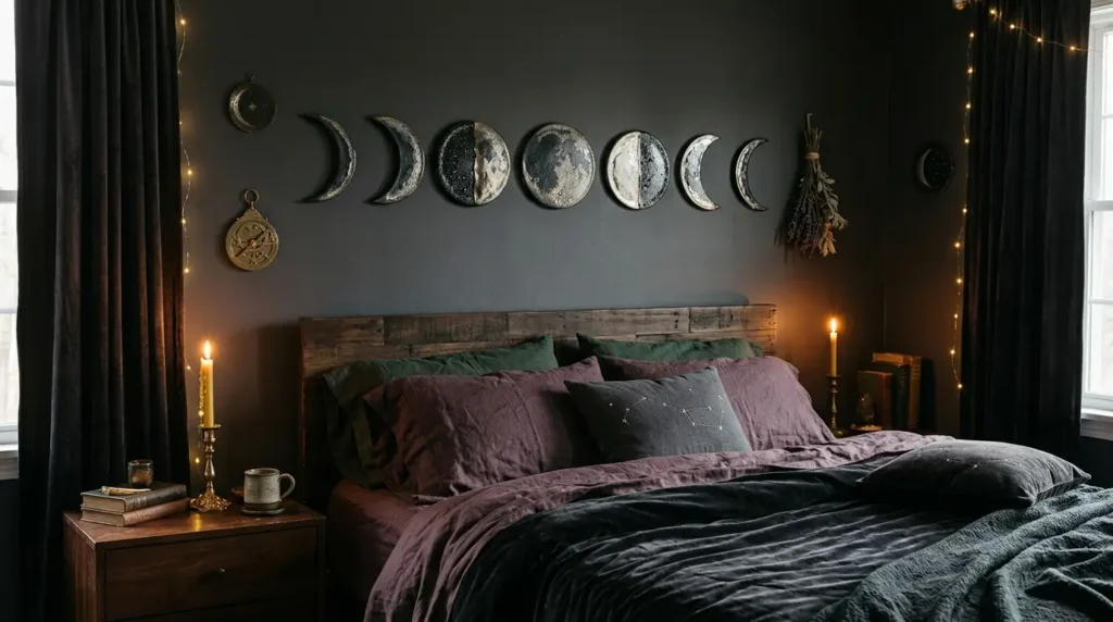 Moon phase art above bed
