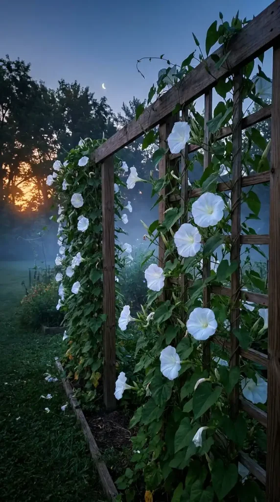 Moonflower vine trellis full bloom