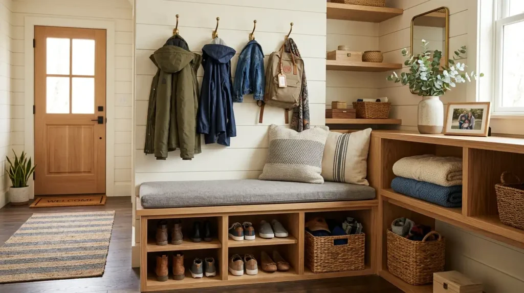 Mudroom bench with open shelving