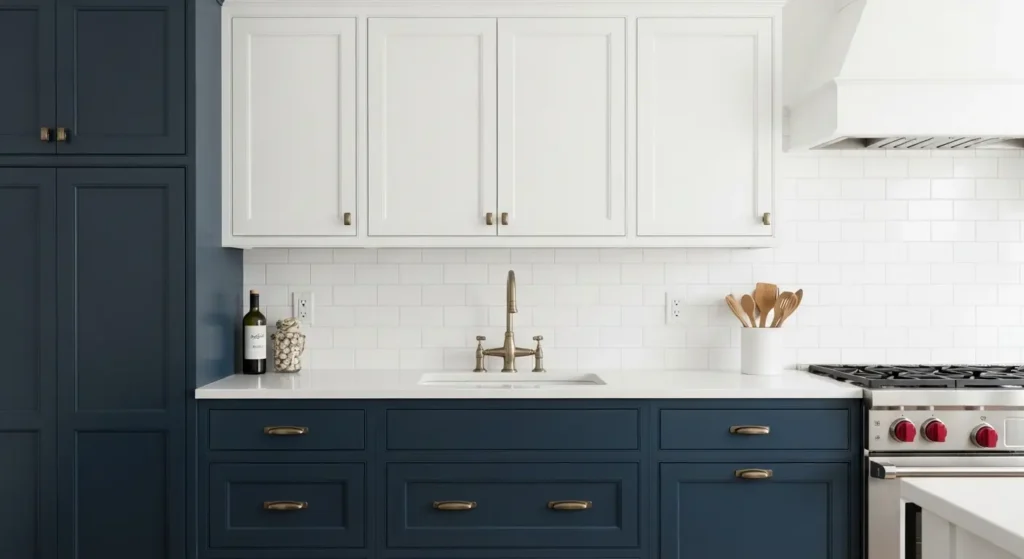 Navy white coastal cottage kitchen