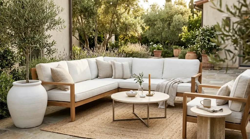 Neutral luxury outdoor patio styled