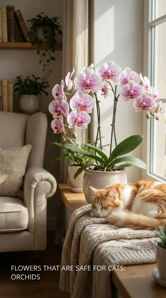 Orchids and cat sleeping