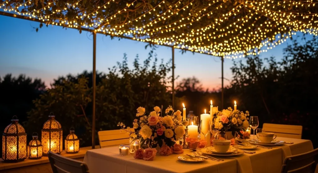 Outdoor dinner setting at dusk