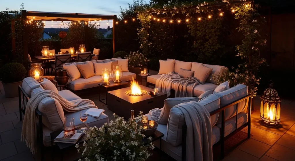 Outdoor evening lounge area