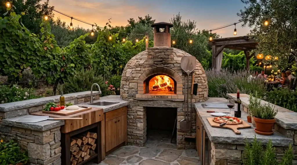 Outdoor kitchen pizza oven feature