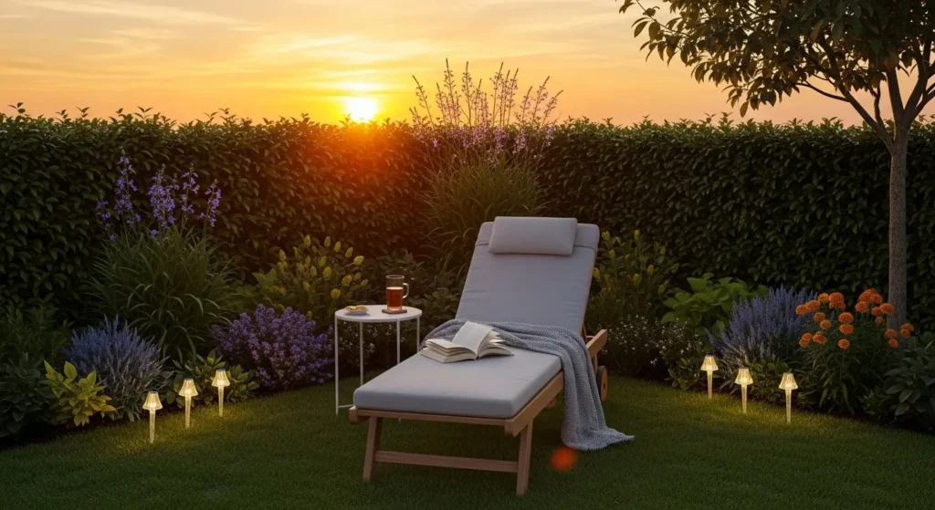 Outdoor lounge chair sunset garden