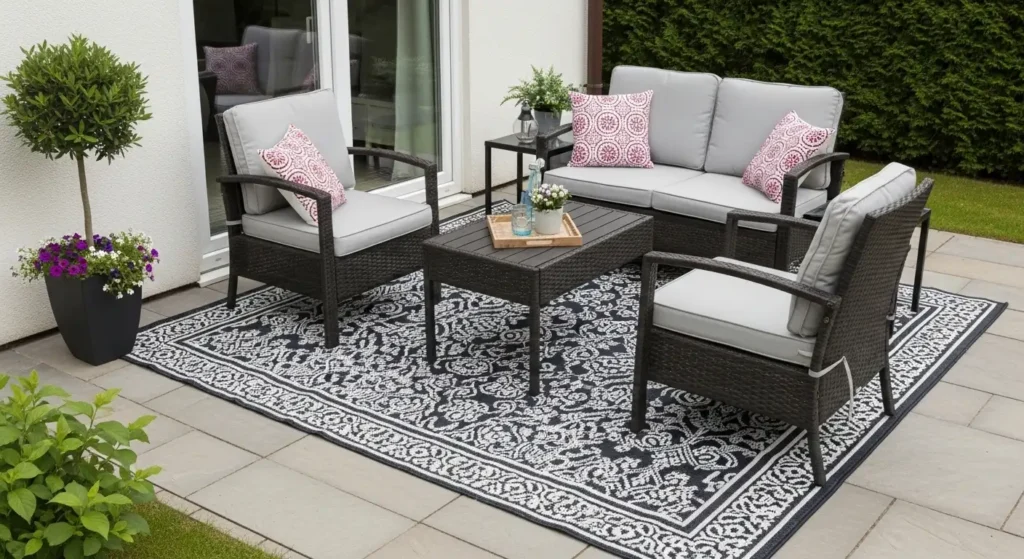 Outdoor rug defines patio space