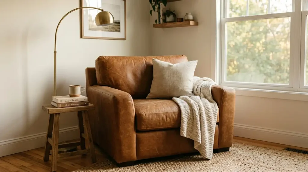 Oversized armchair in reading nook
