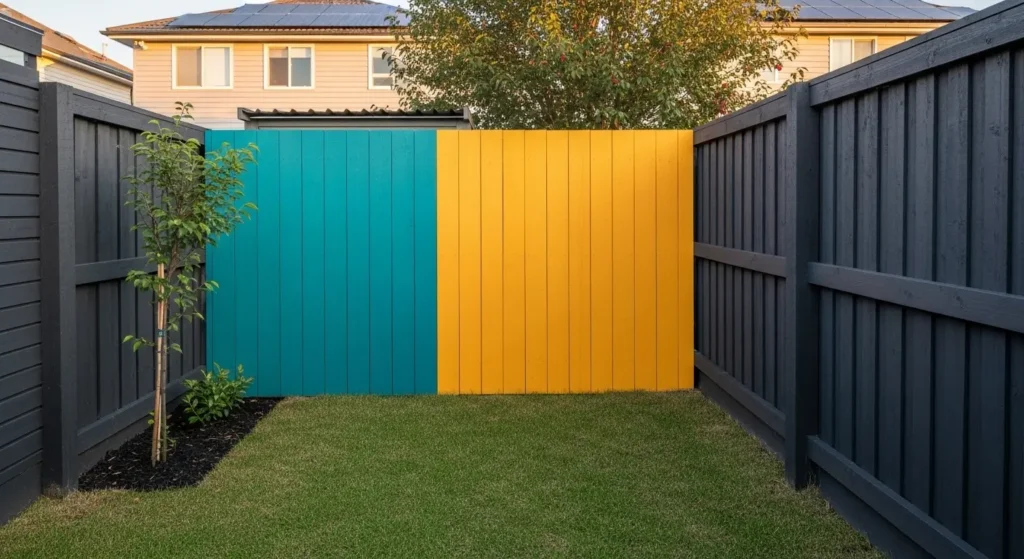 Painted fence accent wall backyard