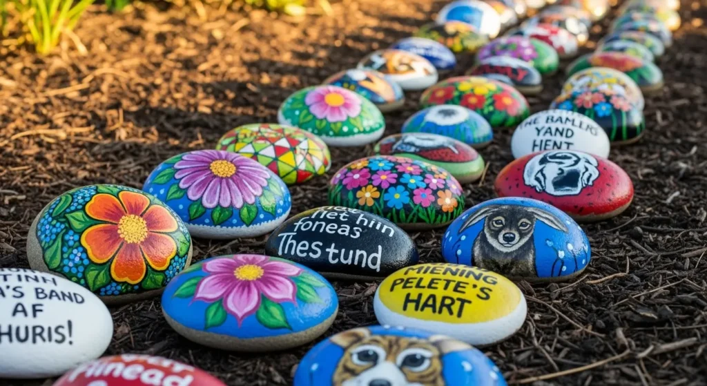 Painted rocks on garden path
