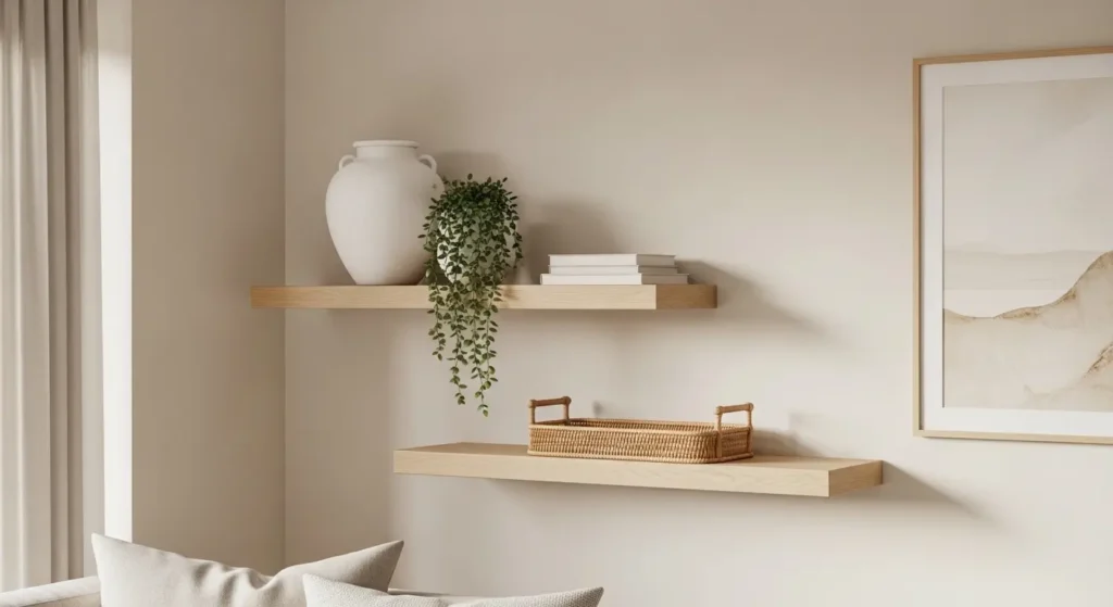 Pale oak shelves neutral living