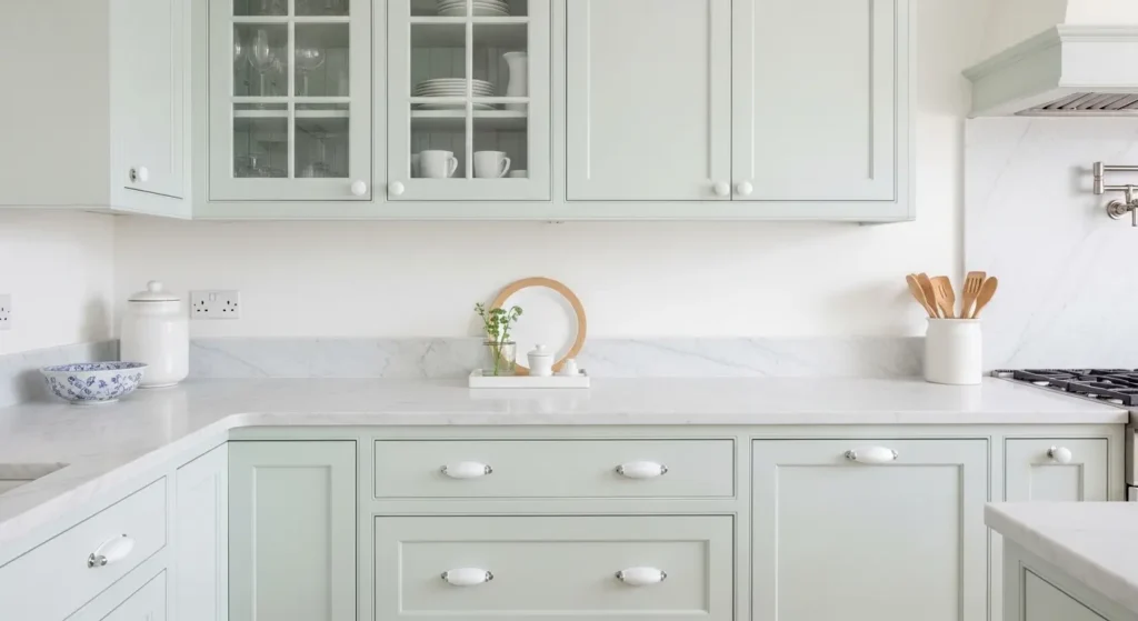 Pale seafoam green kitchen cabinets