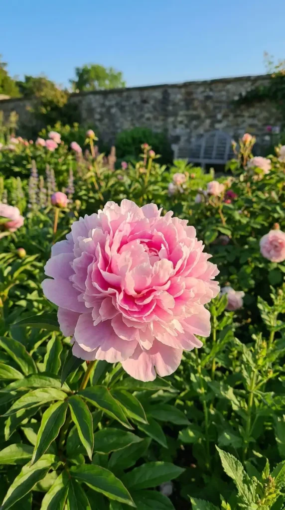 Peony blooms in sunny garden