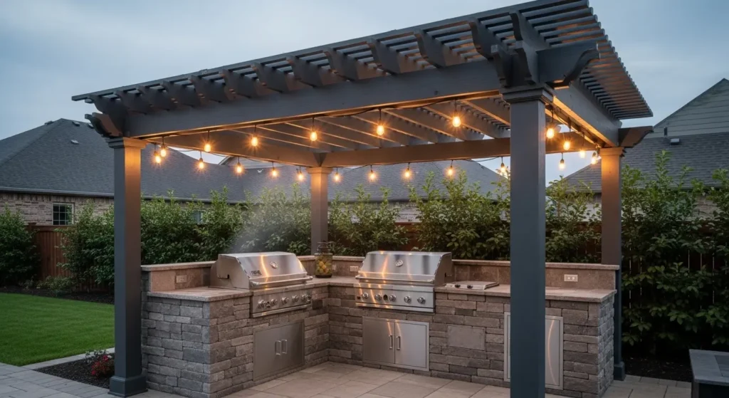 Pergola covered BBQ grill area