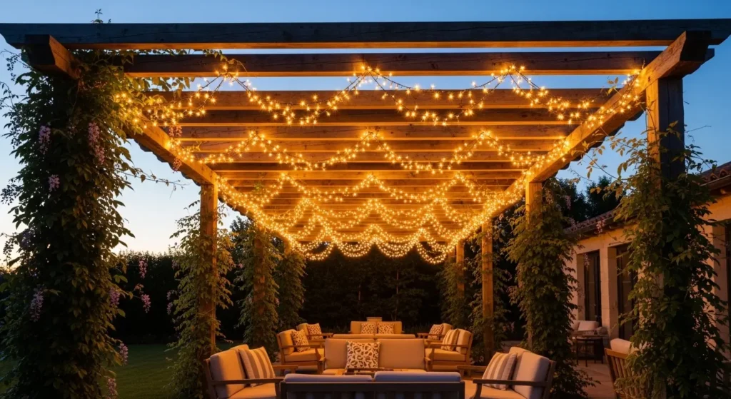 Pergola with warm string lights
