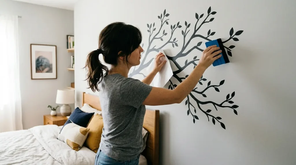 Person applying wall decal bedroom