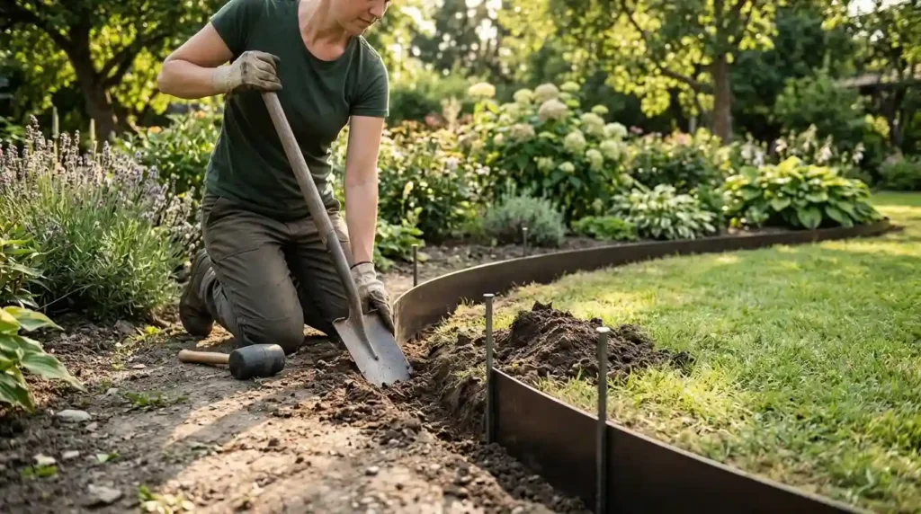 Person installing garden edging