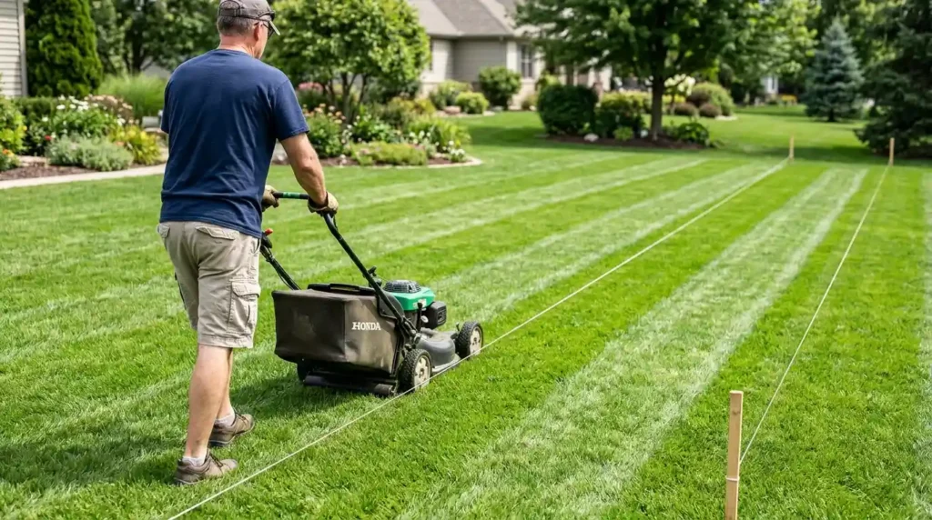 Person mowing lawn straight line