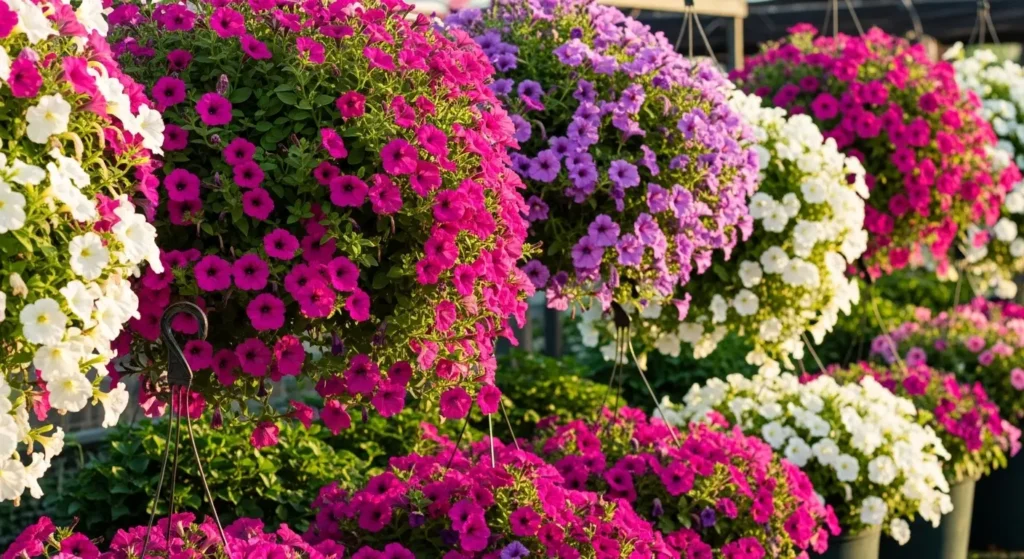 Petunias in hanging baskets