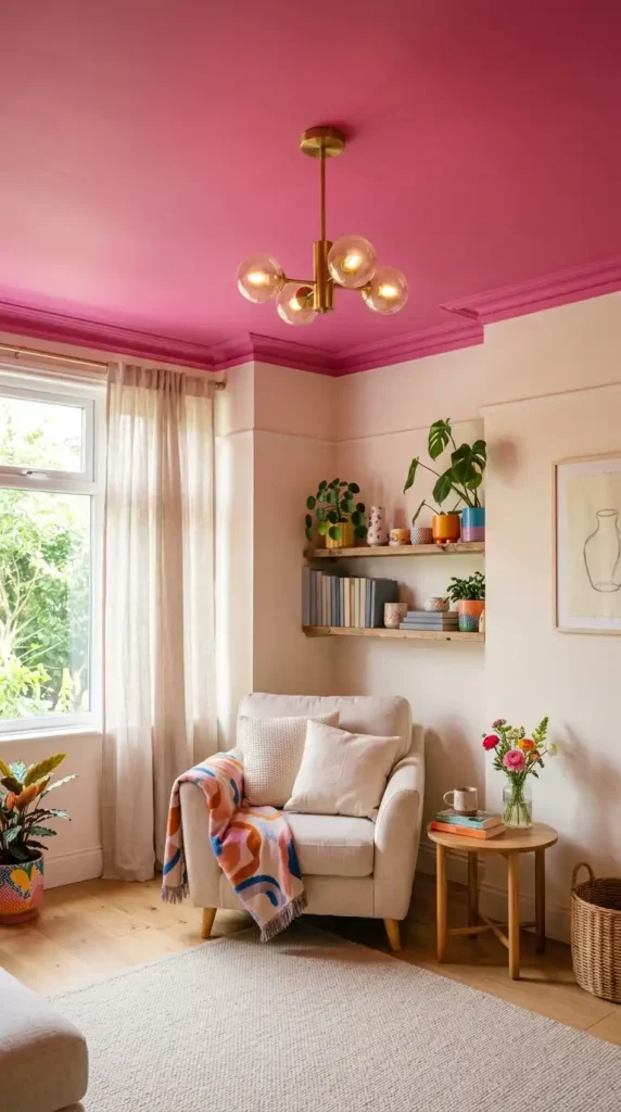 Pink painted ceiling in room