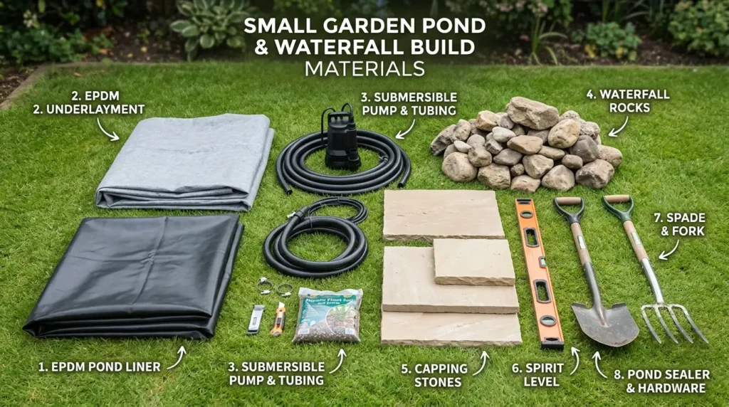 Pond build materials flat lay