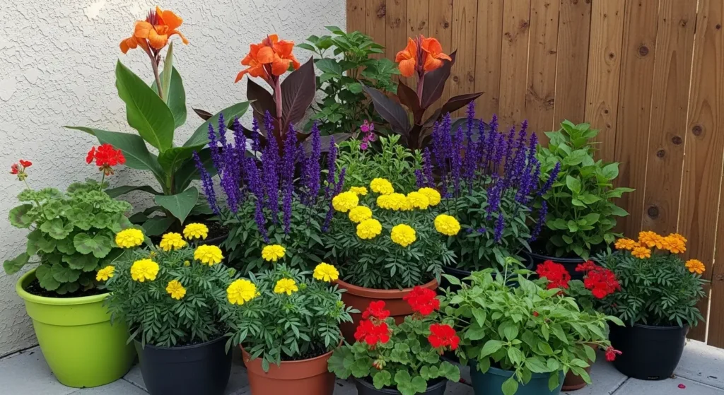 Potted plants in backyard corner